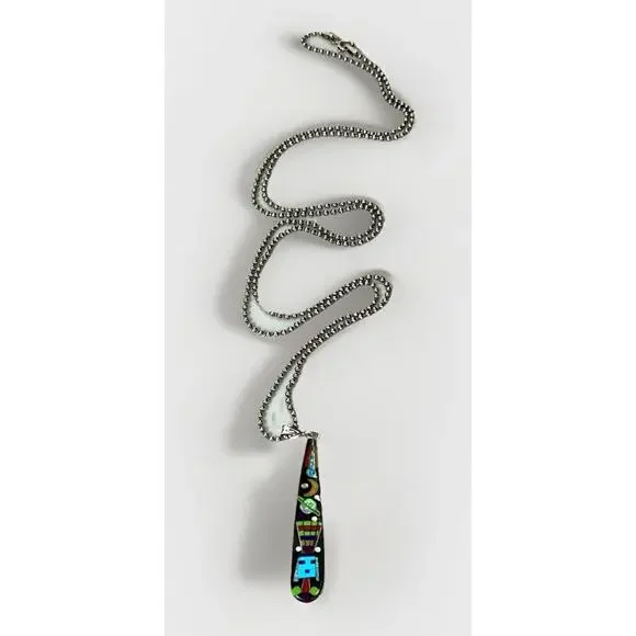 ZUNI Galaxy Rainbow Kachina Micro Inlay Pendant 925 Sterling Silver Necklace - Picture 4 of 16